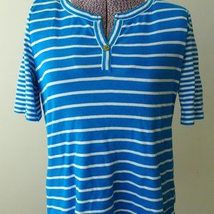 Jones NY Blue & White Multi-Stripe Split Neck Short Sleeve Tee - Size XL